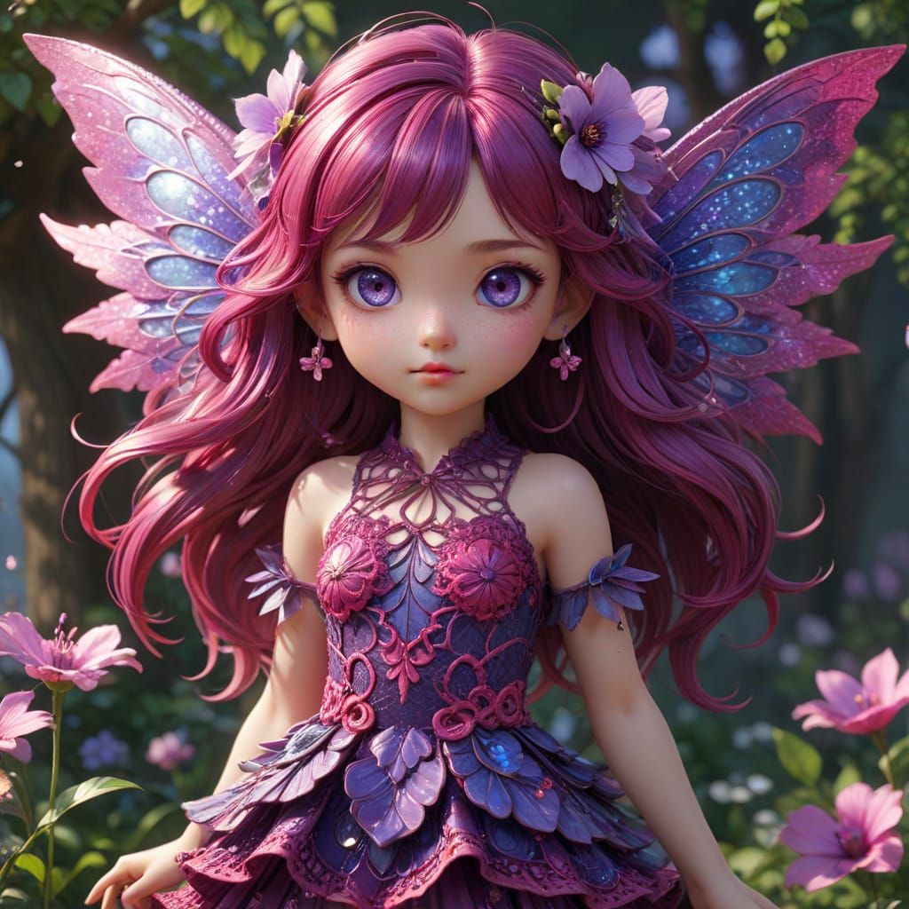 Psychedelic Glitter Fairy with Crochet Wings in 3D Anime Sty...