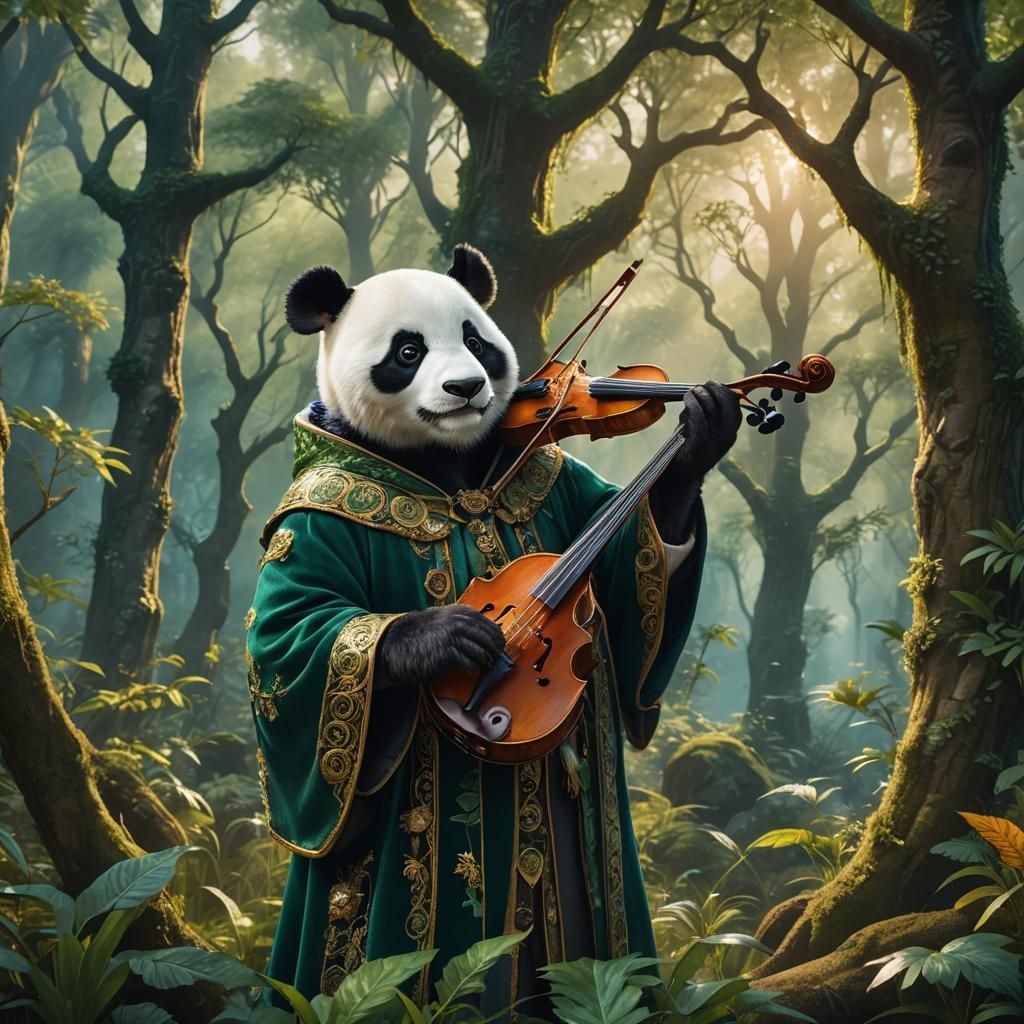 Panda Violinist in Emerald Forest: Fantasy Concept Art