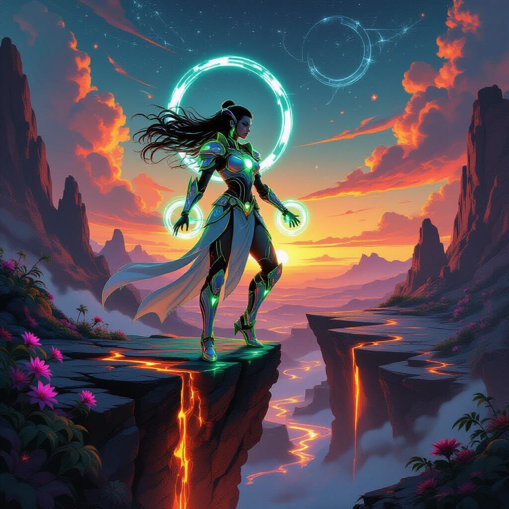 Futuristic Warrior Goddess on Canyon Ledge in Surreal Style