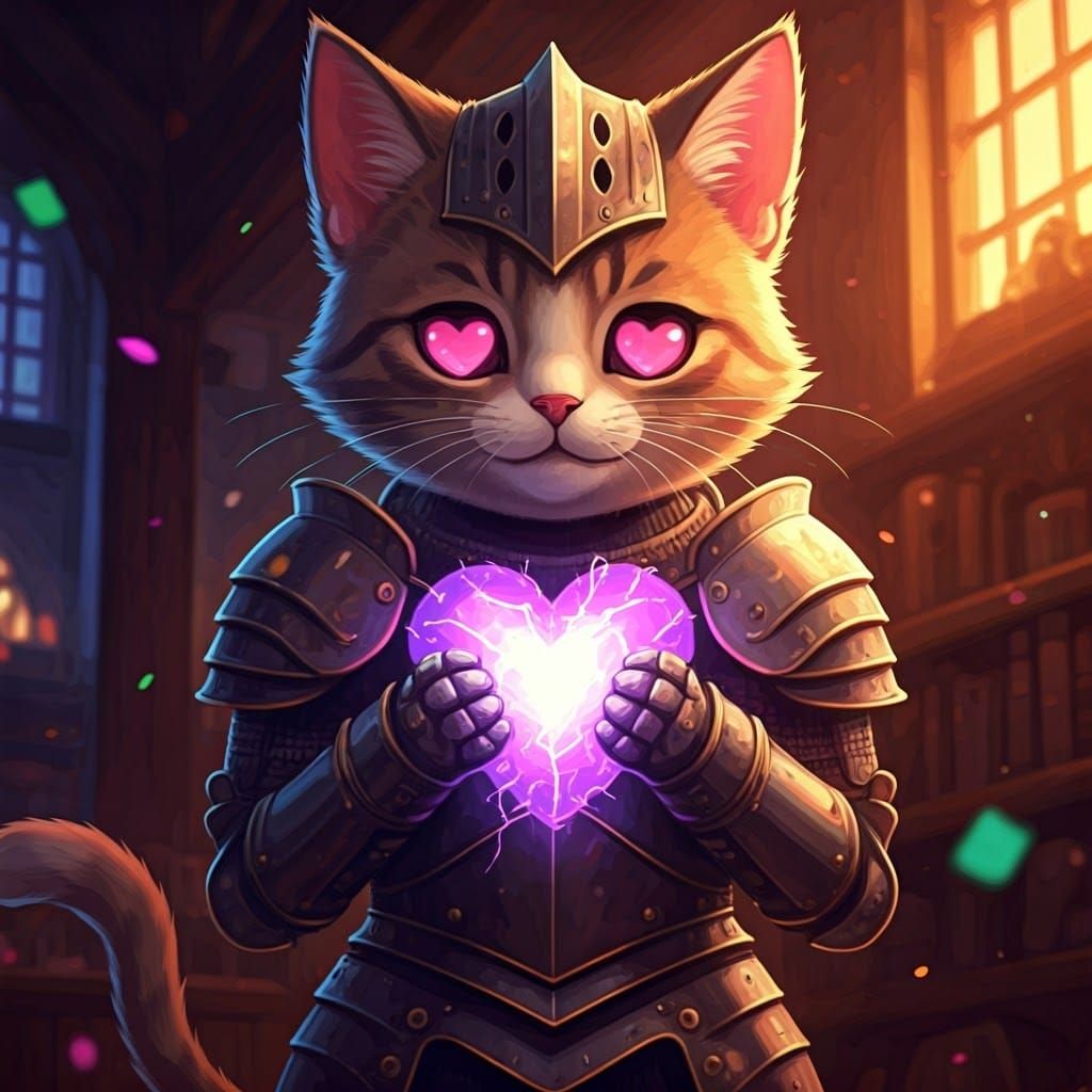 Armored Kawaii Cat with Electric Heart in Anime Style