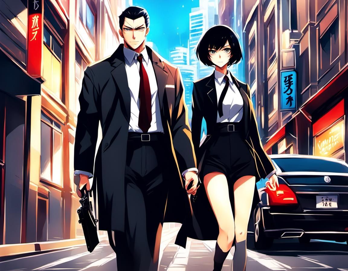 Anime Mafia Lady with Bodyguard in Manga Style