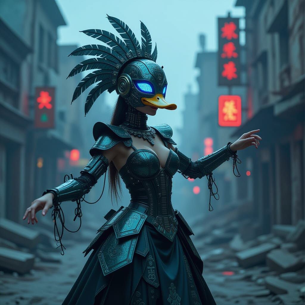 Cyberpunk Woman in Duck Mask Dancing in Ruins