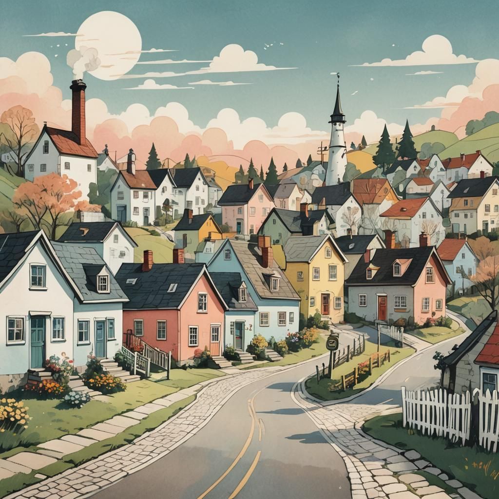 Whimsical Folk Art Houses Along Cobblestone Road