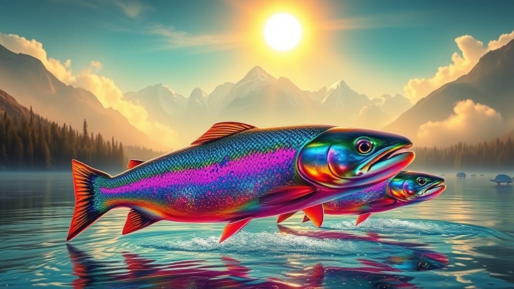 Iridescent Trout in a Bioluminescent River