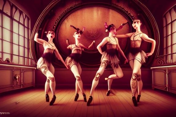 Photorealistic Steampunk Dancers in Ornate Studio