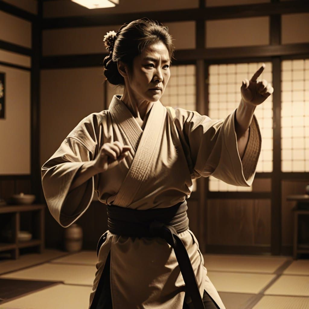 Japanese Woman in Kimono in Dynamic Karate Pose