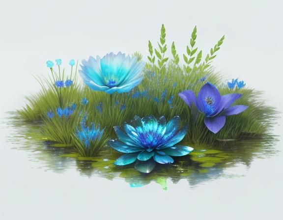Iridescent Blue Petals Float Over Sparkling Swamp