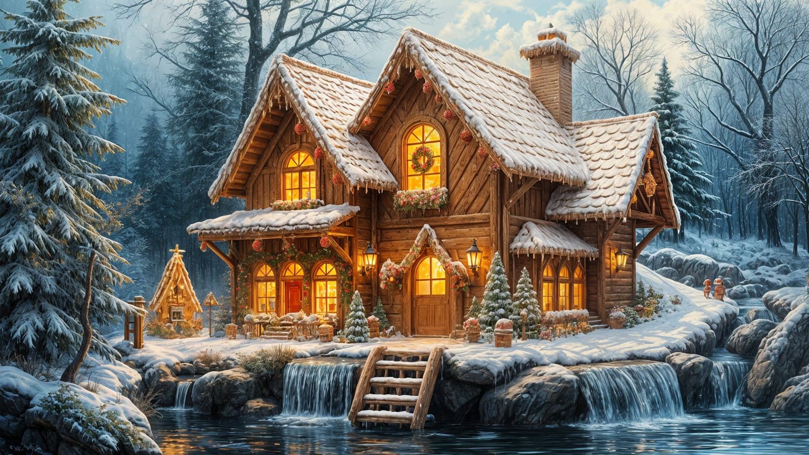 Gingerbread Waterfall House in Vivid Oil Painting Style