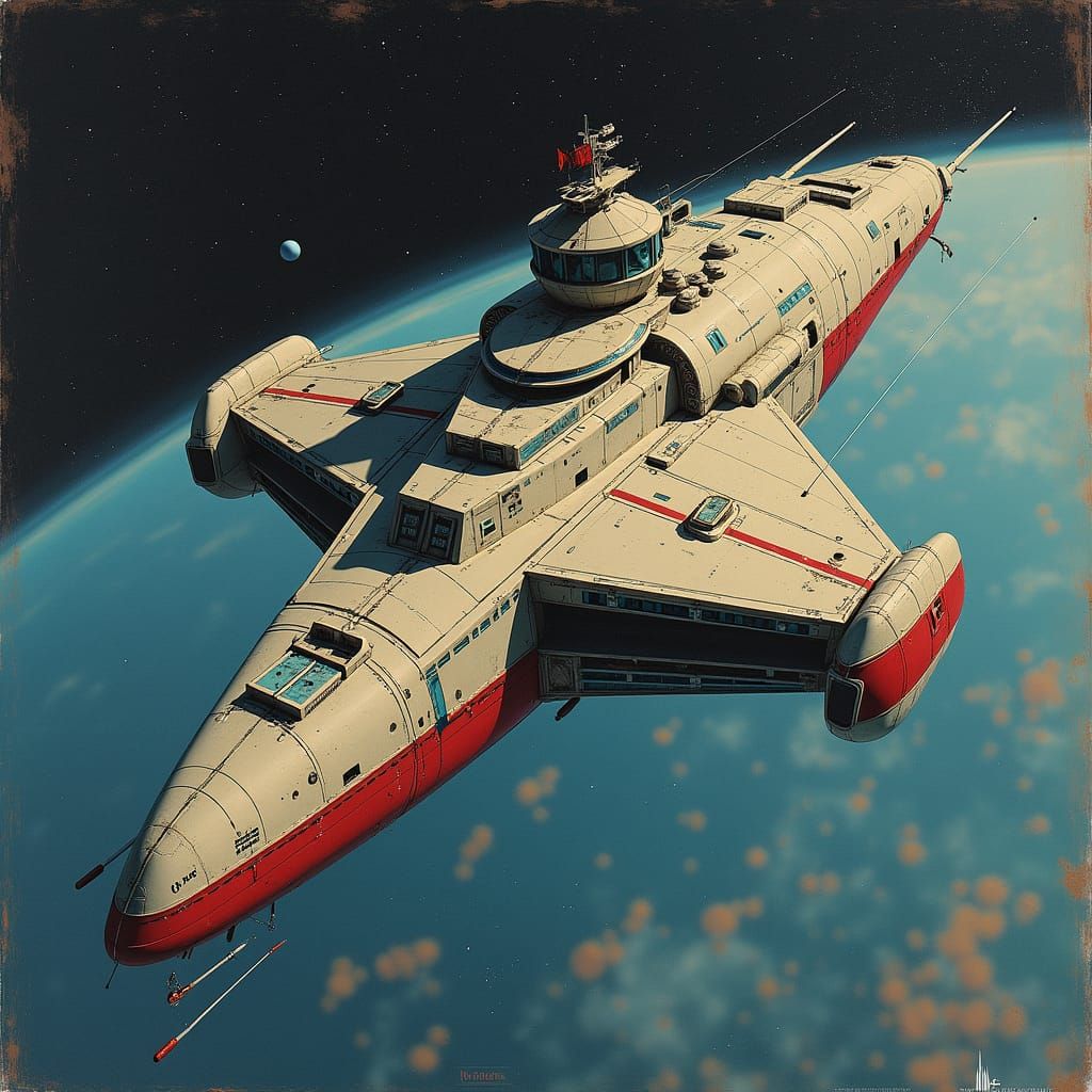 Science fiction battleship in space. Art by Chris foss