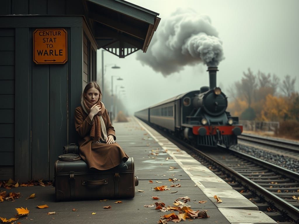Melancholic Girl Waits on Abandoned Train Platform in Moody ...