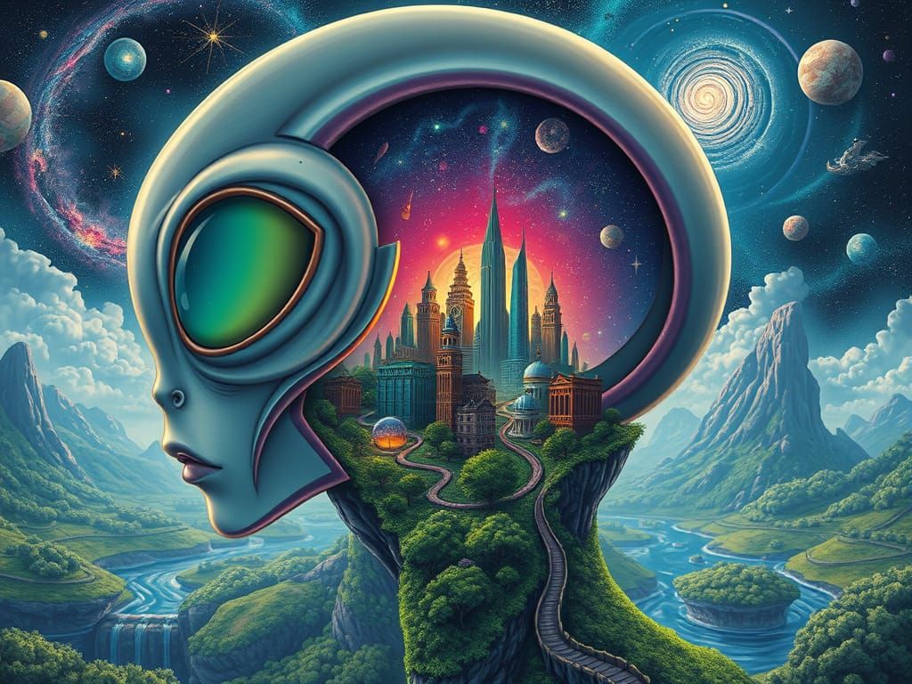 Alien Head Profile with Miniature Cityscape Inside