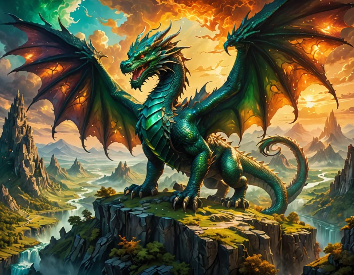 Mythical Dragon Towers Over Fantasy Landscape in Art Deco St...