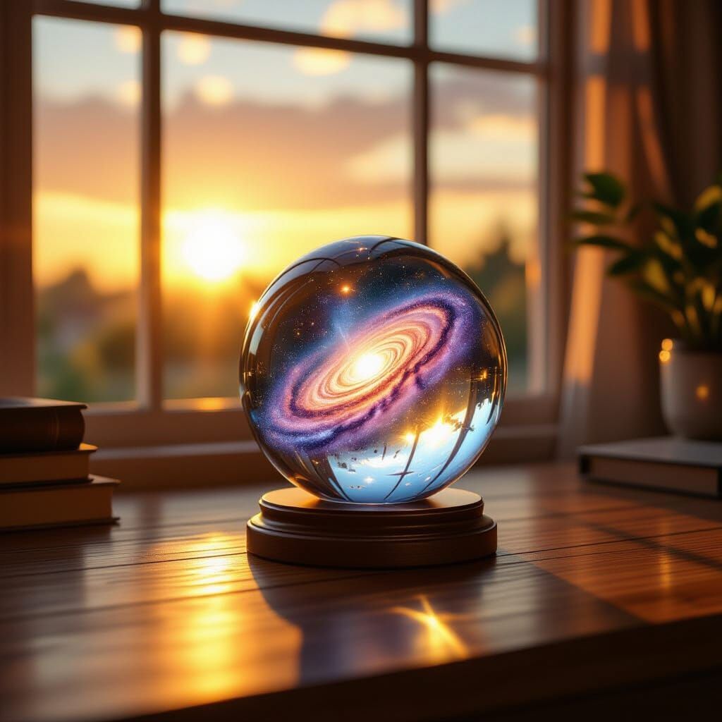 Crystal Ball Galaxy on Desk in Golden Sunrise Light