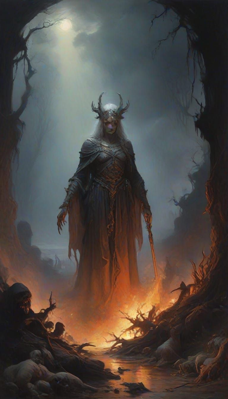 Surreal Horror Goddess in a Pillar of Fiery Clouds and Terro...