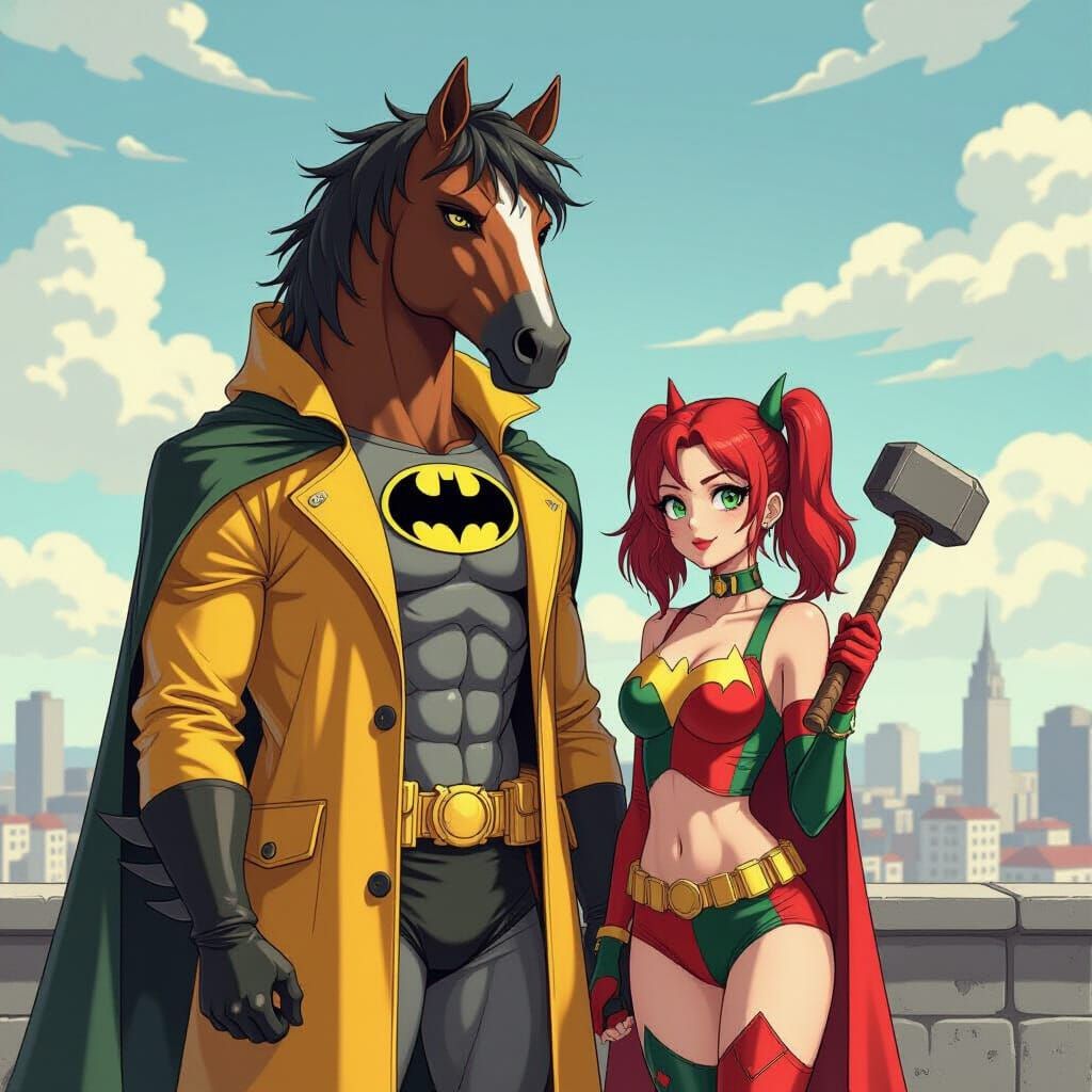 Mythical Man-Horse Creature in Batman Gear on Rooftop