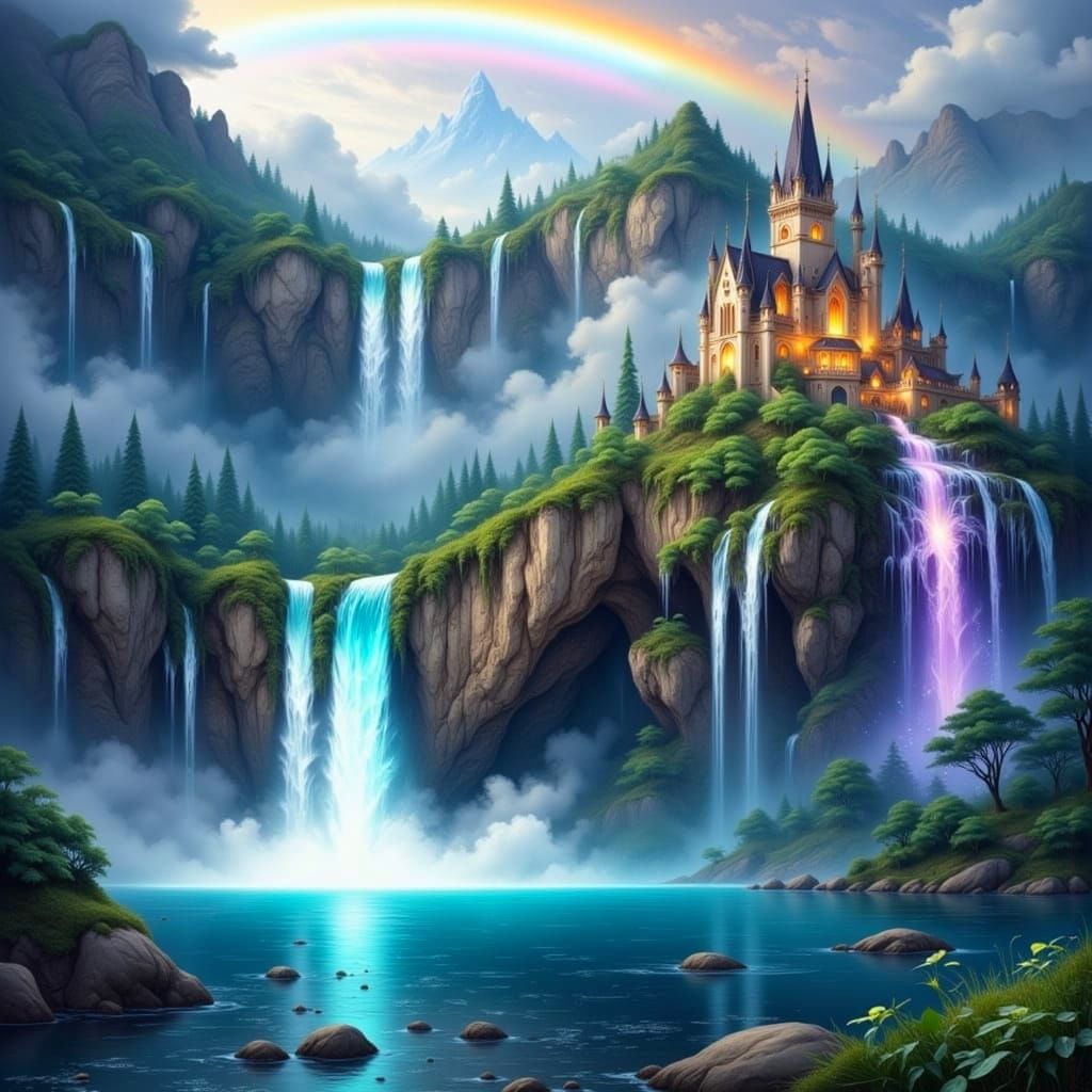 Ethereal Elven Citadel with Rainbow Waterfalls