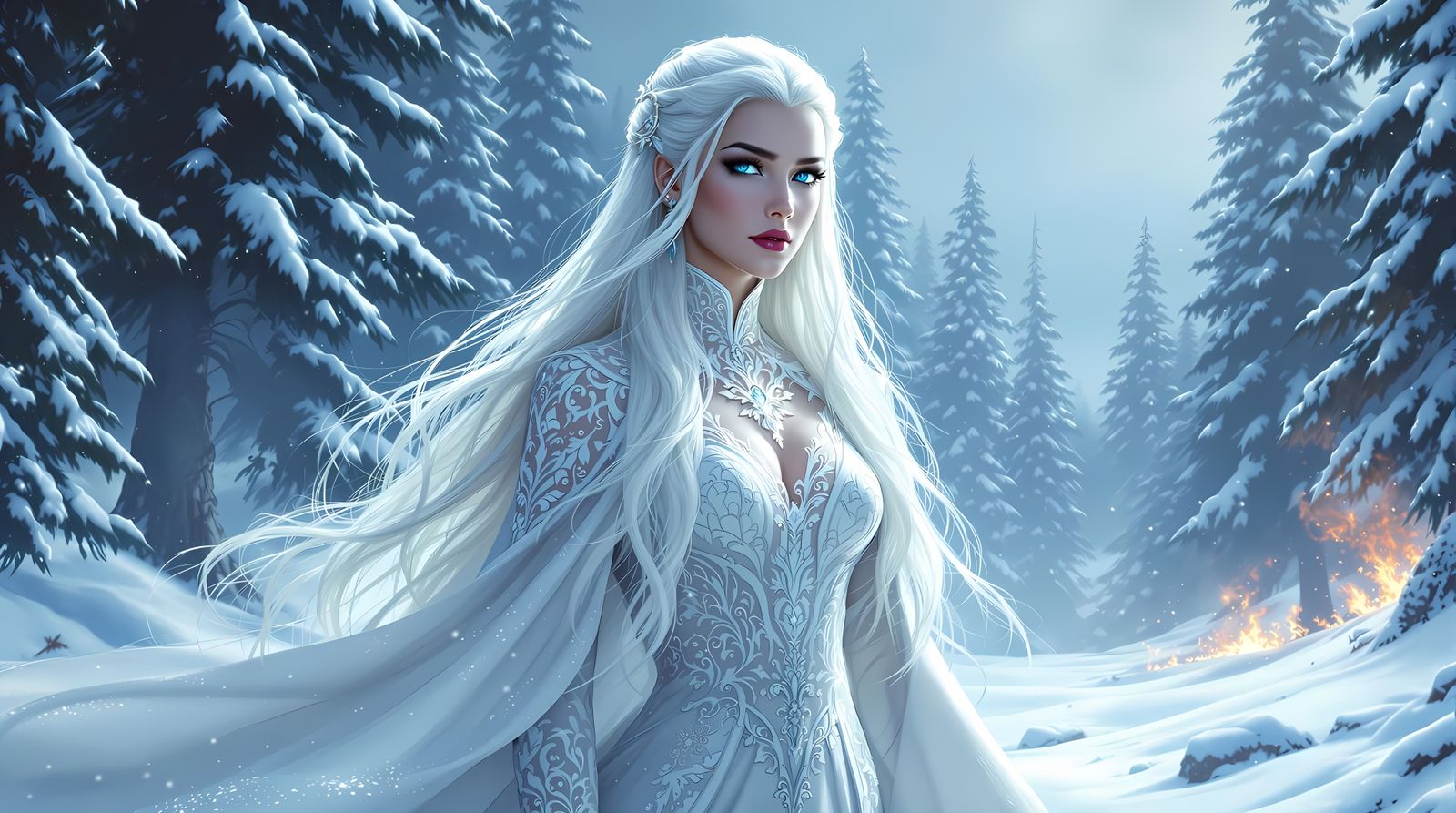 Ethereal Winter Goddess in Snowy Forest