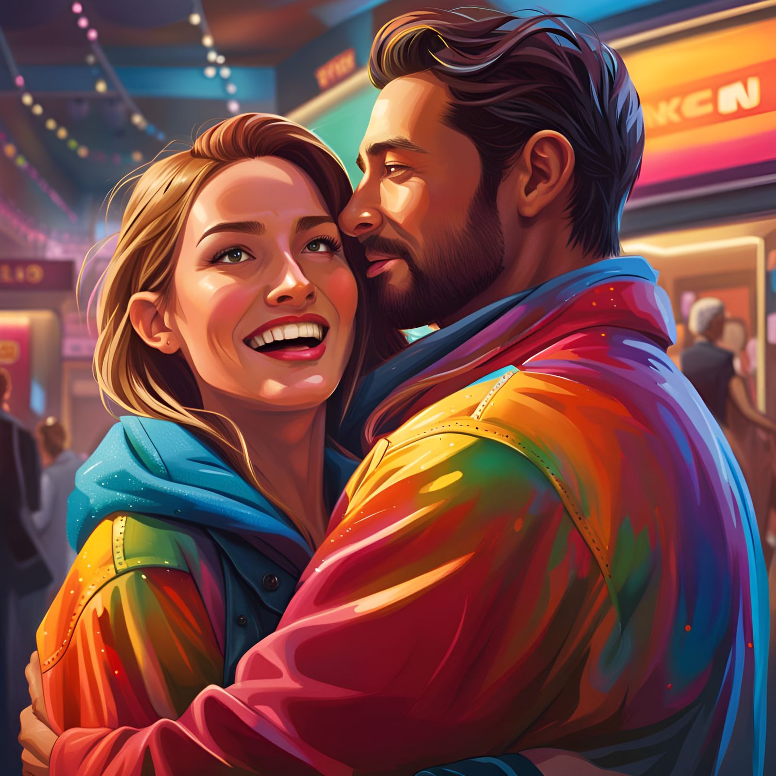 Happy loving couple hugging at the mall