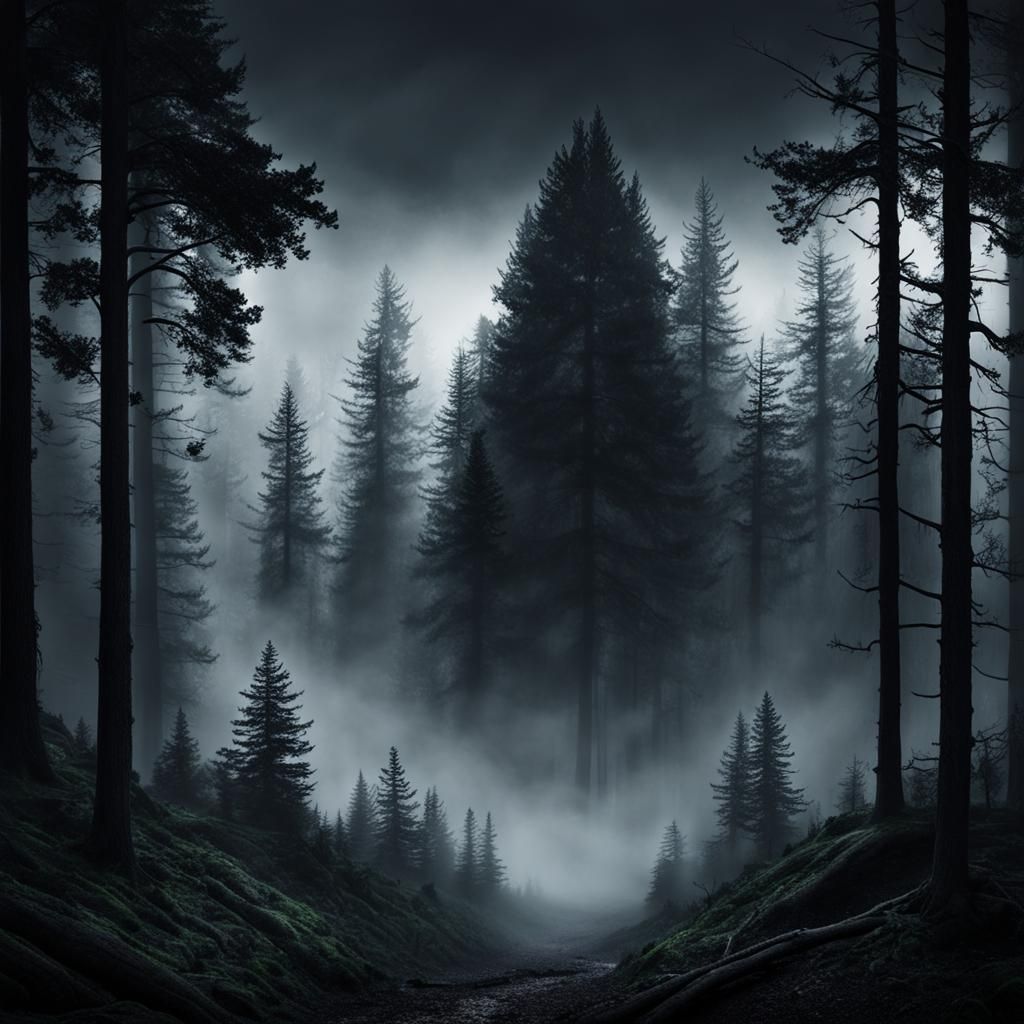 Eerie Dark Misty Forest Landscape