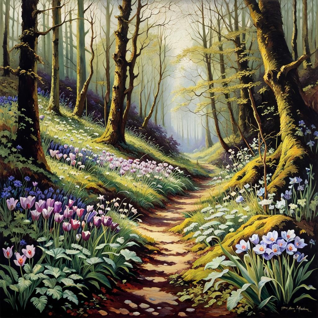 Mystic Forest Path with Spring Flowers