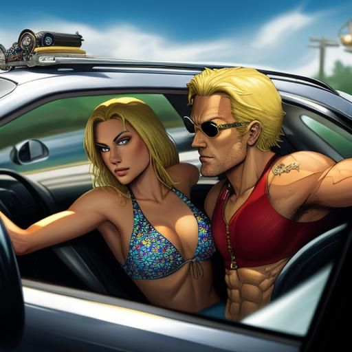 Blonde Bikini Model Driving, Comic Book Style