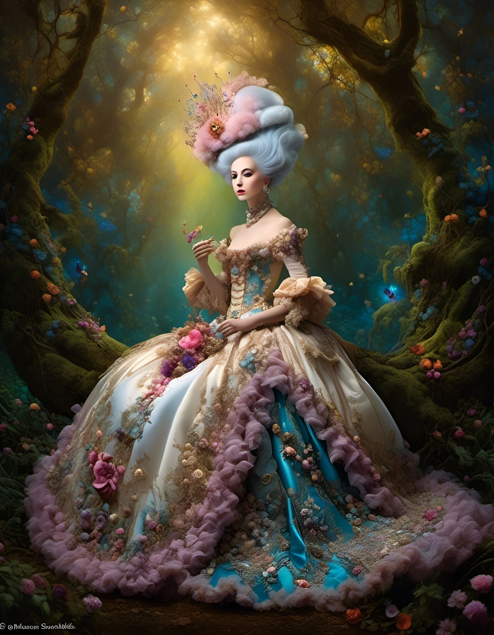 Victorian woman wearing a dress like marie antoinette wore, chibi, neo-classical, a acid pixie image, a long exposure im...