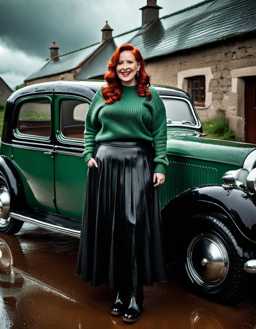 Glamorous Curvy Woman by Vintage Car in Rainy Village