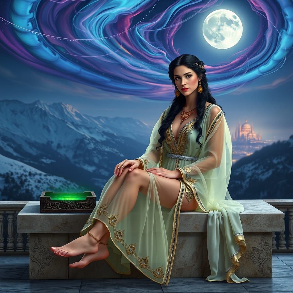 Radiant Pandora on Marble Bench in Hyperrealism Style