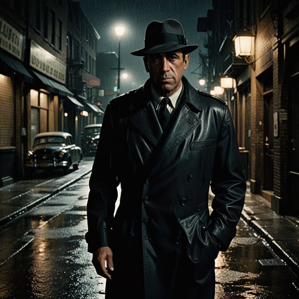 Gritty Cop Lost in Rainy Night Shadows