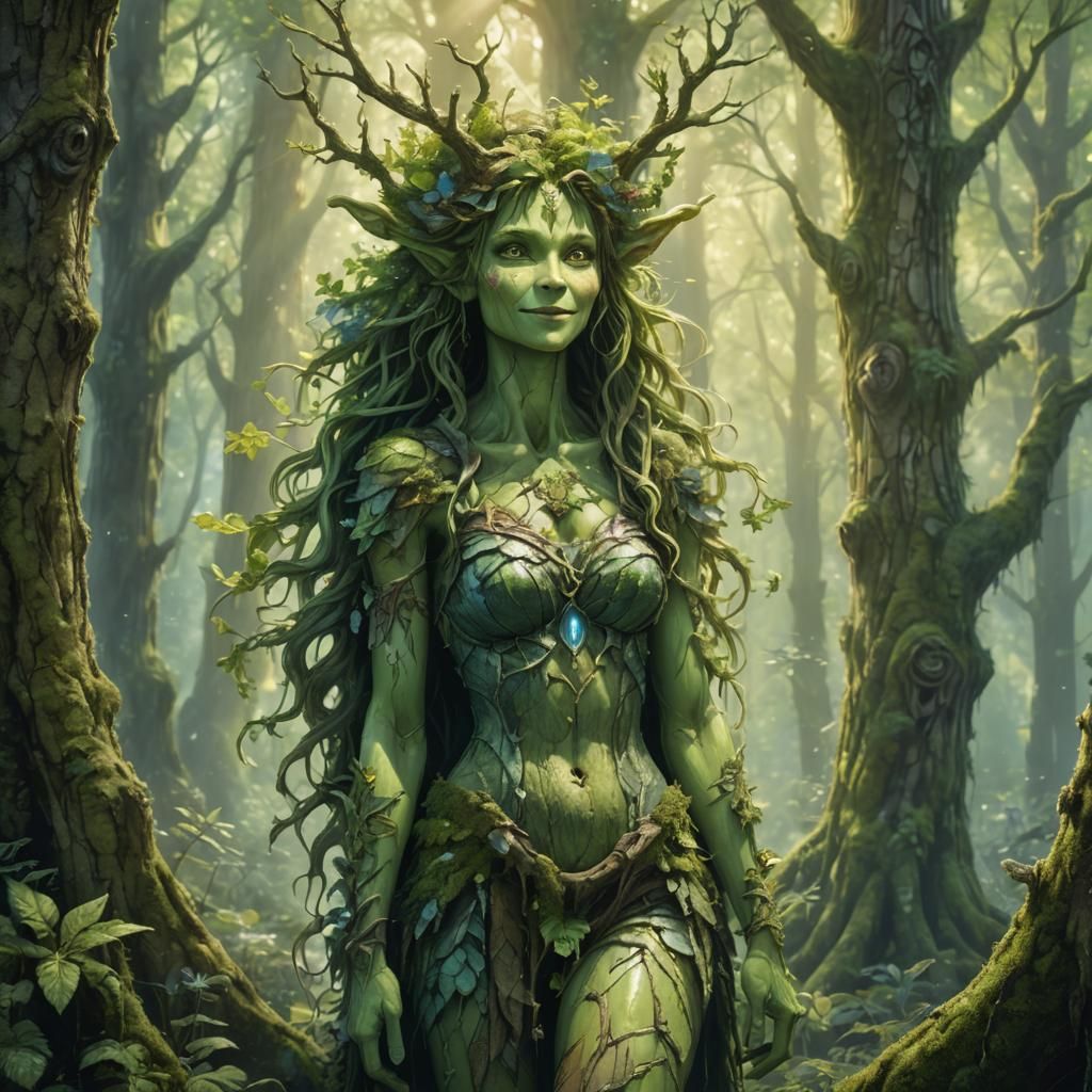 Mischievous Green Dryad in Sunlit Forest: Fantasy Art