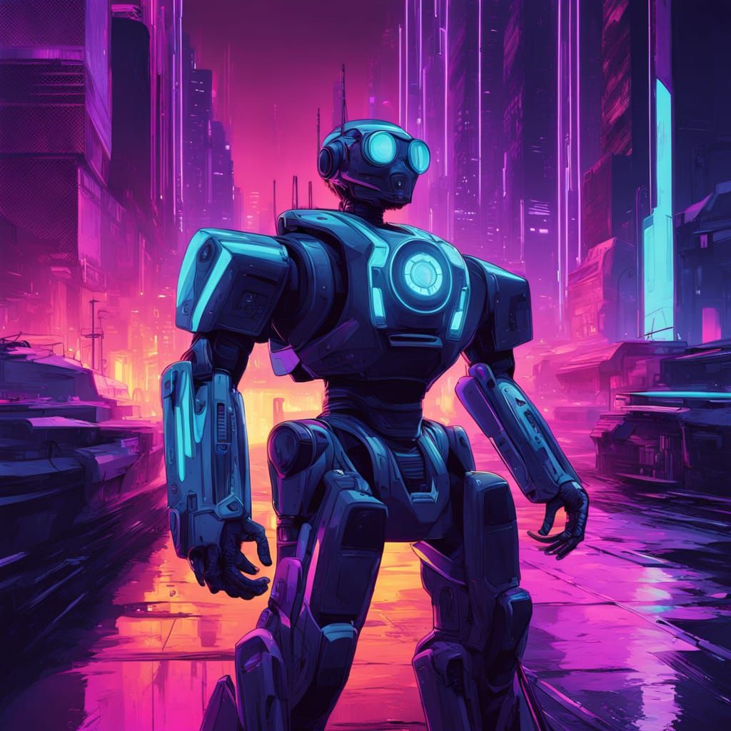 Cyberpunk Humanoid Robot in Neon Cityscape