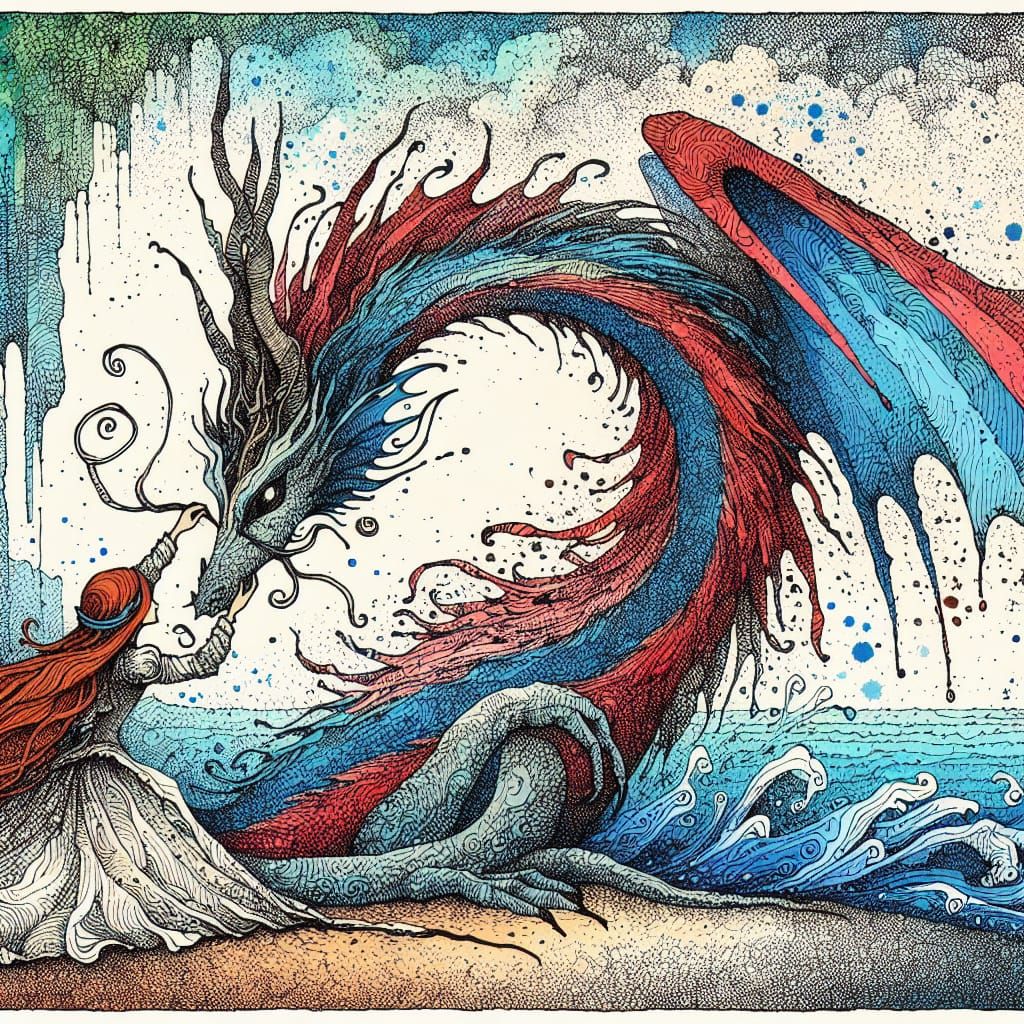 Princess and Dragon in Vivid Aquarelle Illustration