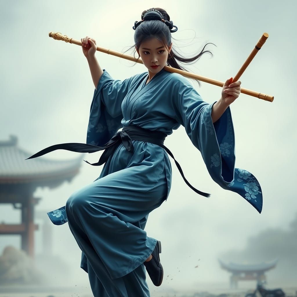 Chinese Woman Kicking Bamboo in Cinematic Style