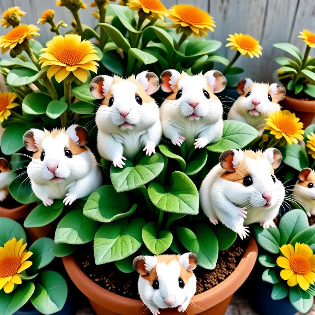 Stuffed Animals Hide in Potted Plant, Hyperrealistic Digital...