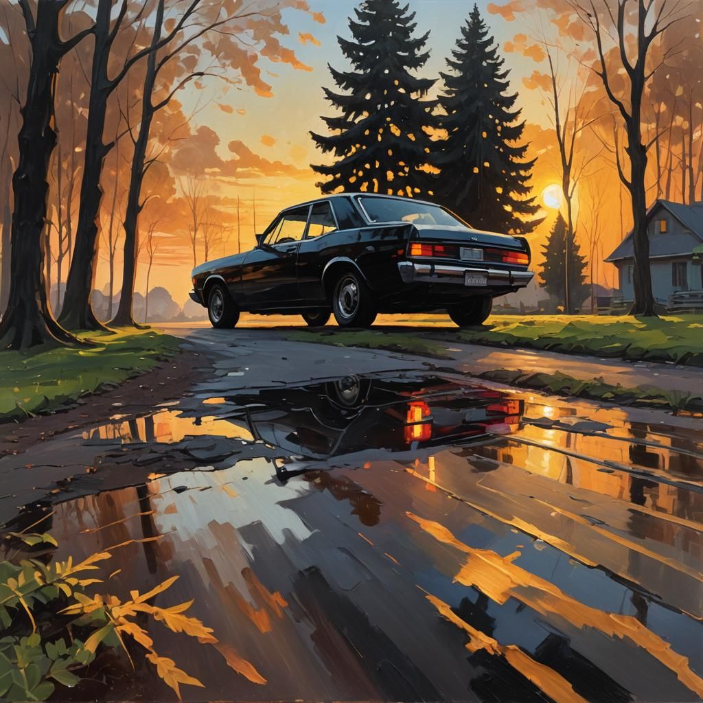Black Car at Sunset: Impressionist Oil Painting