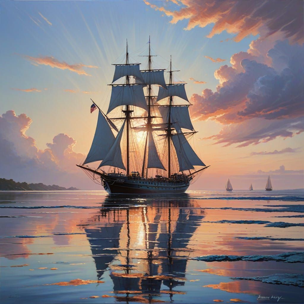 Serene Ocean Sunrise with Majestic Ship