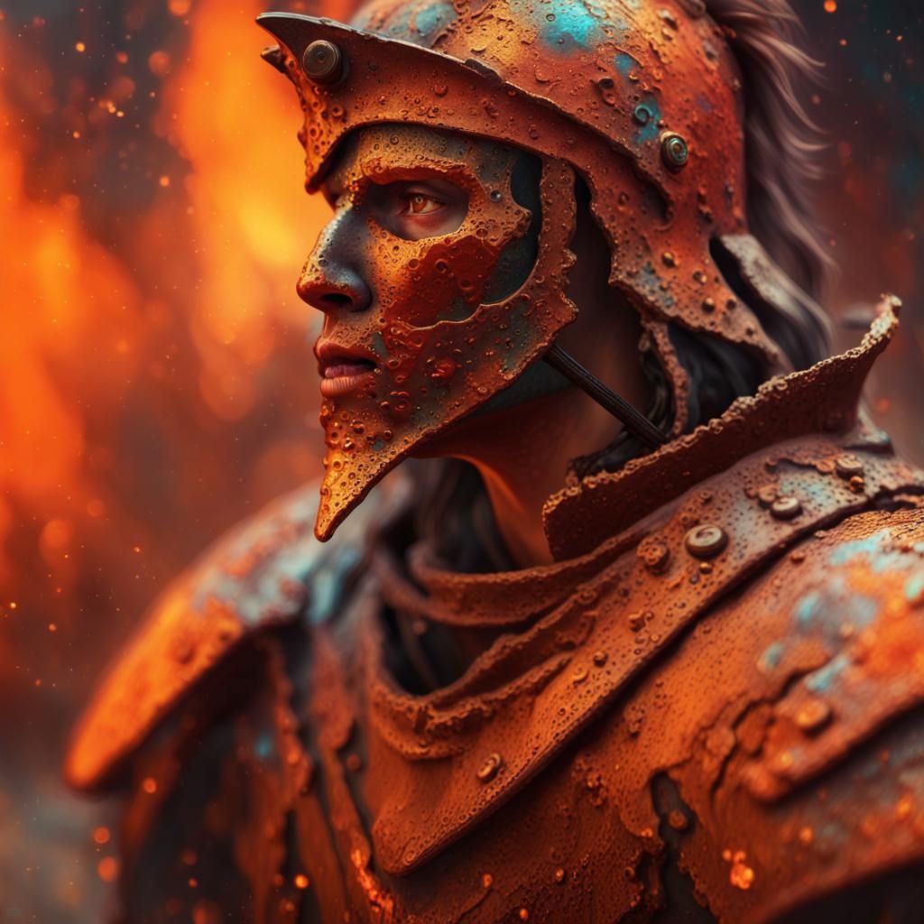 Warrior's Exhausted Face with Holographic Magic Markings