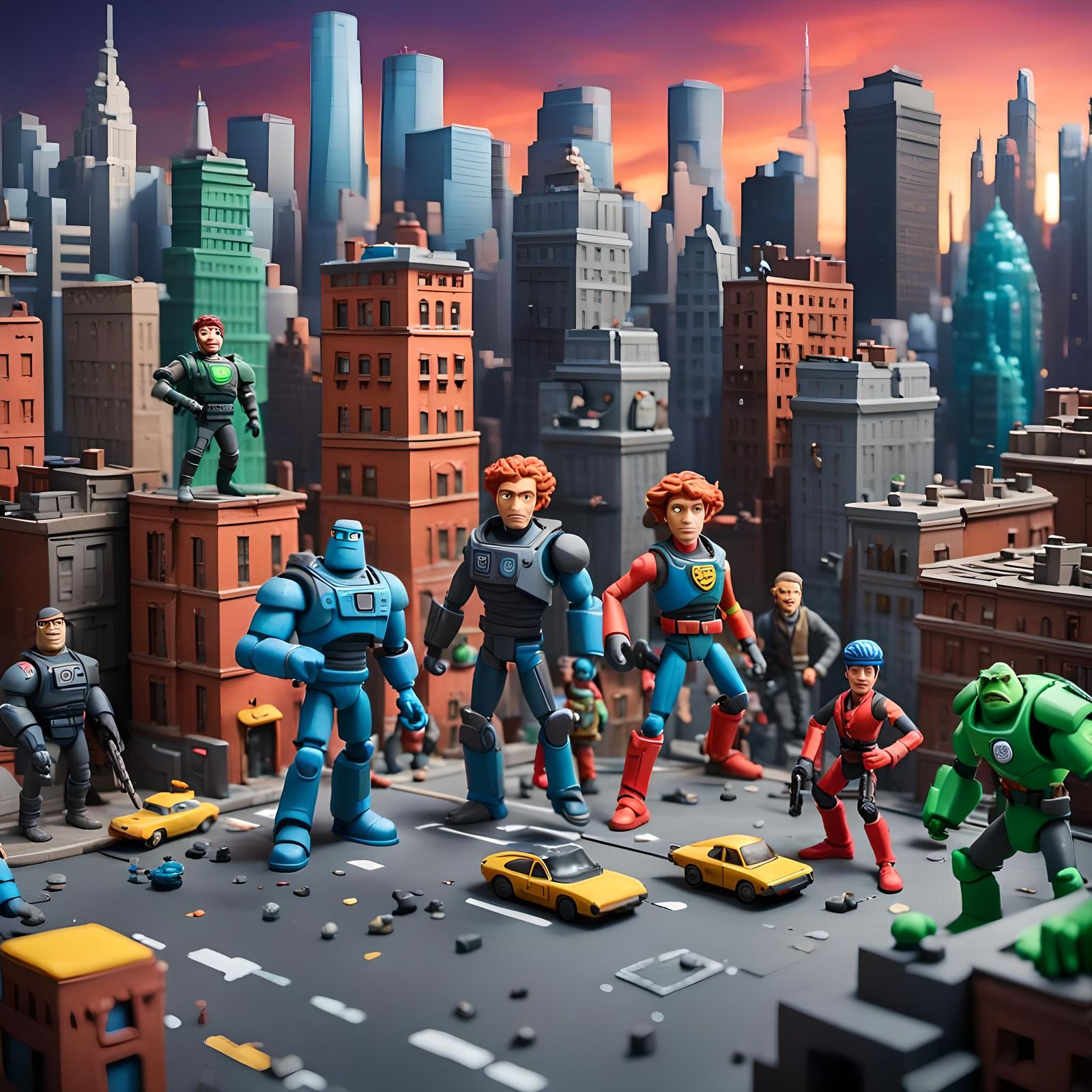 Animated claymation action figures engaged in a battle on a ...