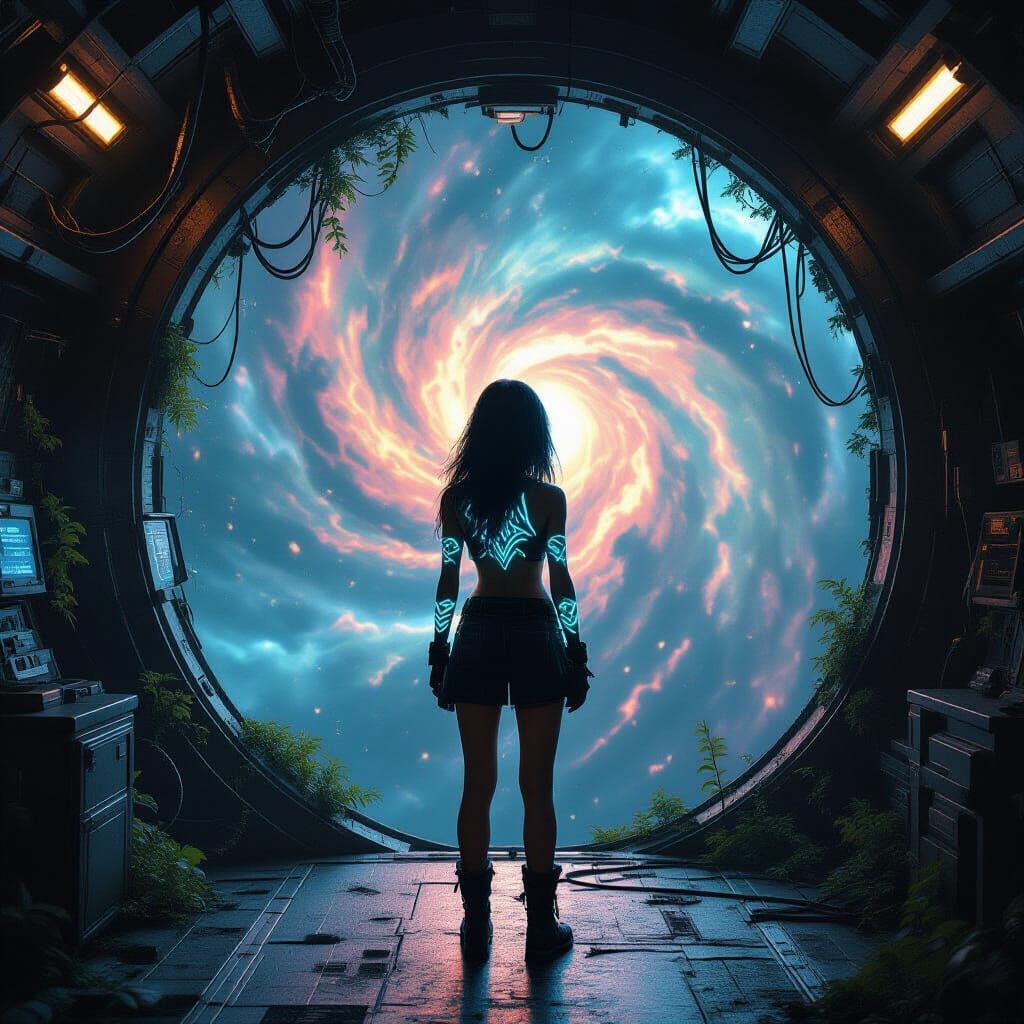 Rebellious Girl with Glowing Tattoos on Spaceship Deck