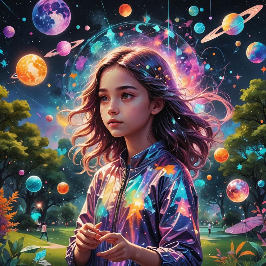 Girl Playing in Park: Holographic Cosmic Illustration