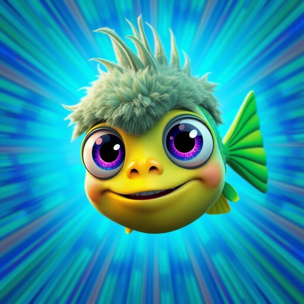Vibrant Cartoon Fish with Fluffy Hair and Bright Eyes