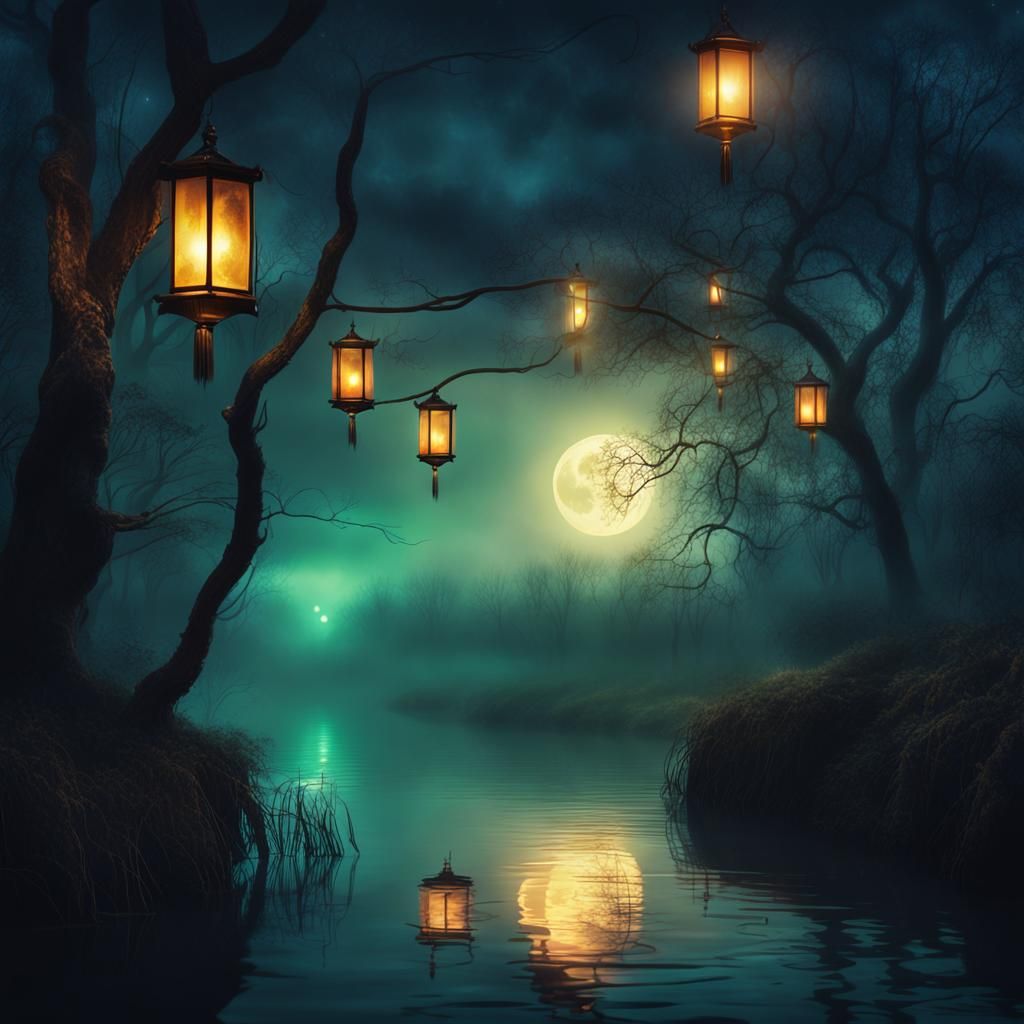 Ethereal Lanterns on Haunted River: Dark Fantasy Art