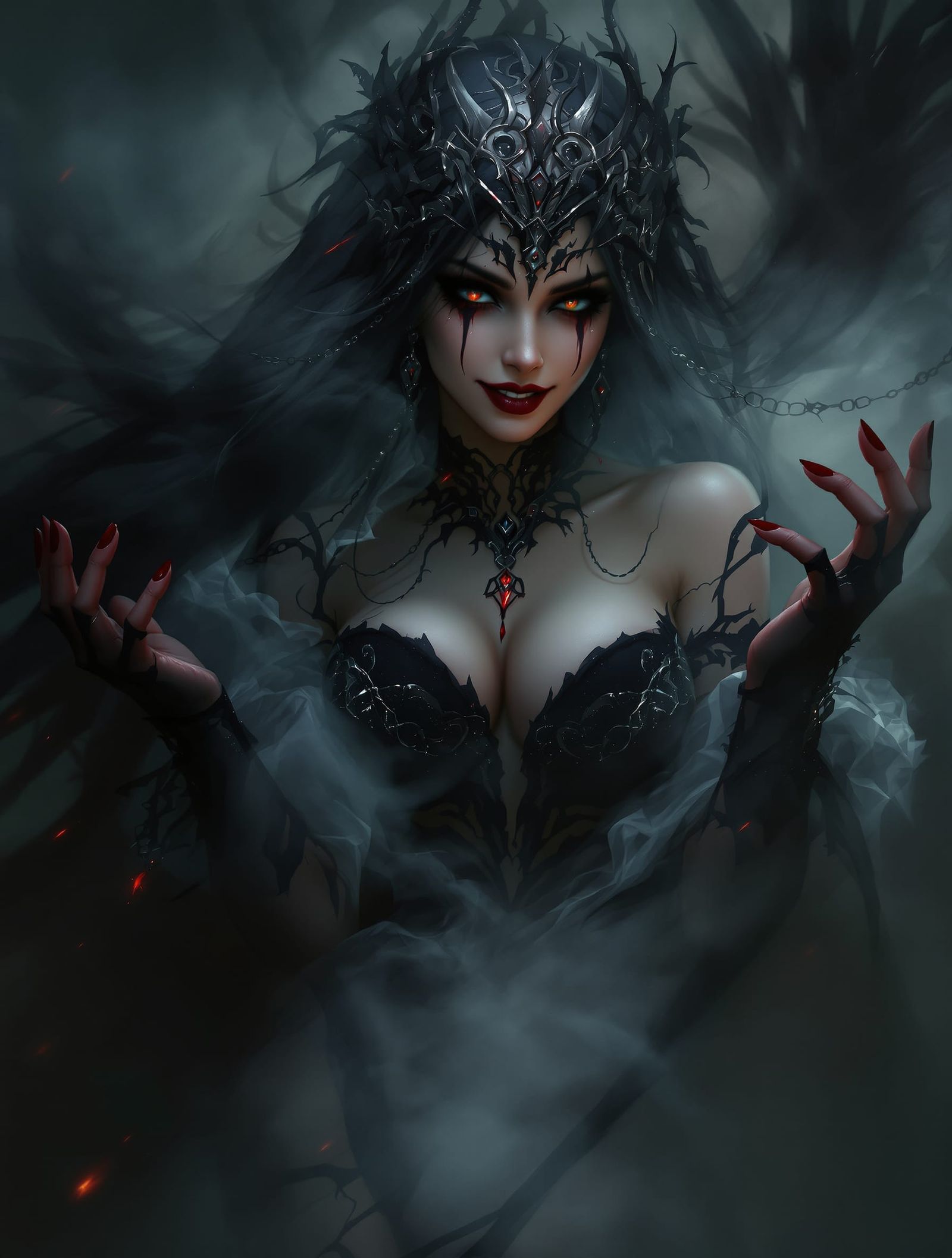 Mysterious Woman in Mist Beckons with Fiery Hues