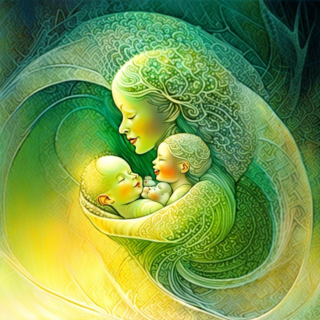 Mother and Child in Fractal Forest: Mystical 3D Art