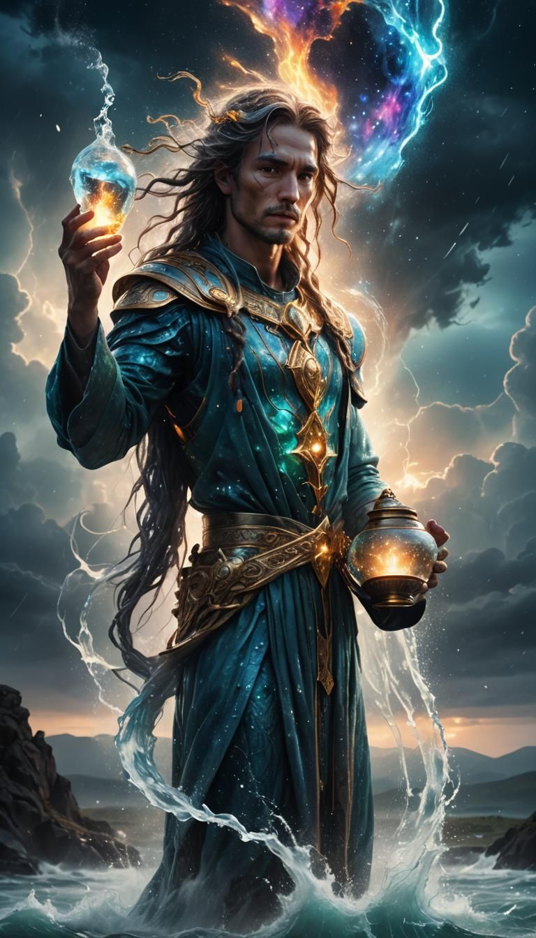 Aquarius Portrait: Celestial Being in Stormy Landscape