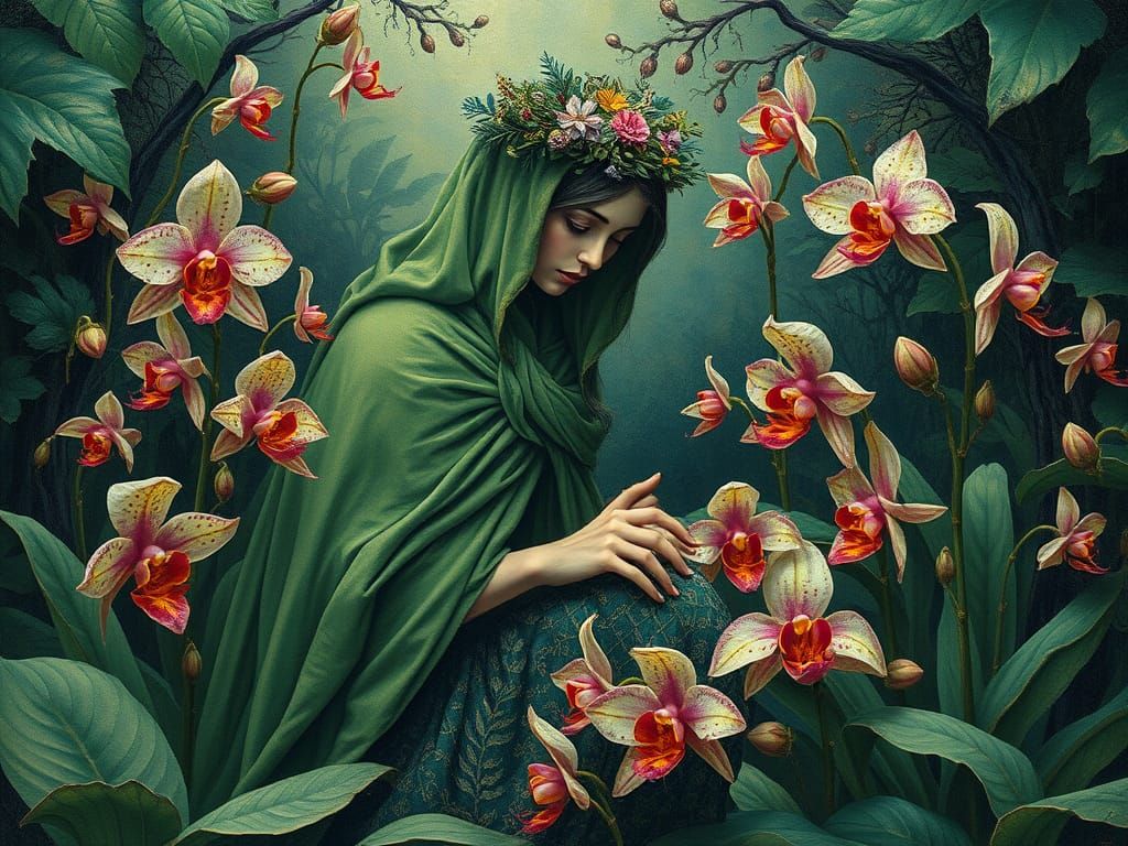 Mystical Female Gardener in Enchanted Orchid Grove with Carn...