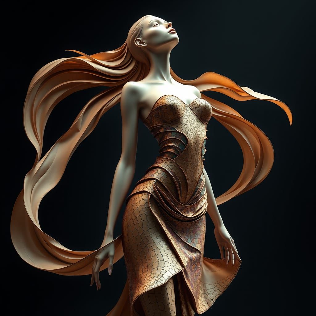 A surreal and elegant female figure with a futuristic, abstr...