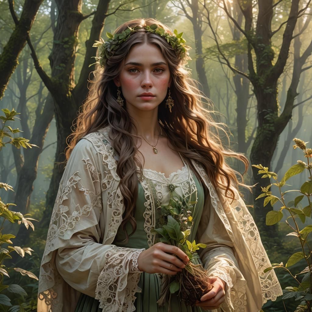 Spring Forest Sunrise Scene with Woman in 18th Century Dress