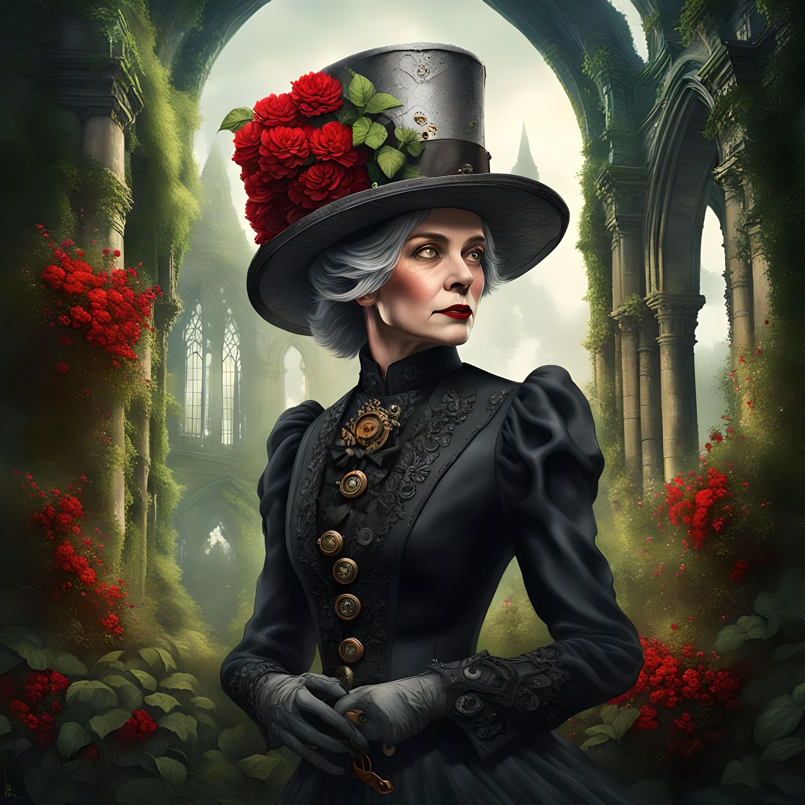 Steampunk Woman in Ruined Abbey: Hyperrealistic Portrait