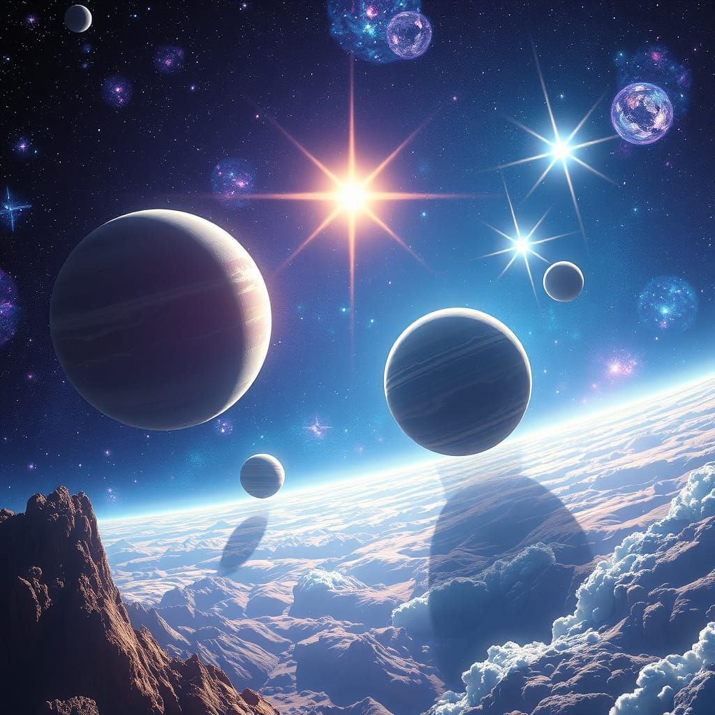 Majestic Seven Planet System with Twin Stars in 3D Anime Art...